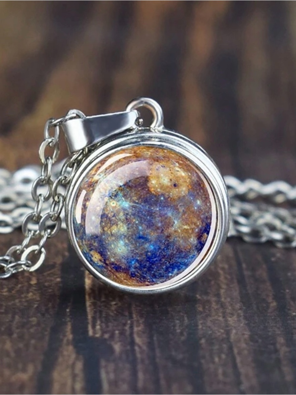 Mercury Solar System Round Pendant Necklace with Chain